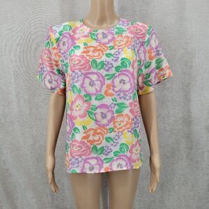 Silk Time Vintage Colorful Floral Women's Top Short Sleeve Blouse